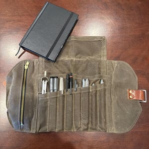 Roll up Mini Pencil Case, Pen Roll, Waxed Canvas and Leather, 12