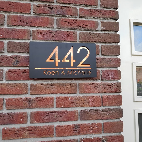 K Smart Sign | Bellissima H1 | Laser Cut Matt Dark Gray (Grey) & Gold Mirror Floating House Sign Plaques Address Door Number | 300mm X 160mm - View #6