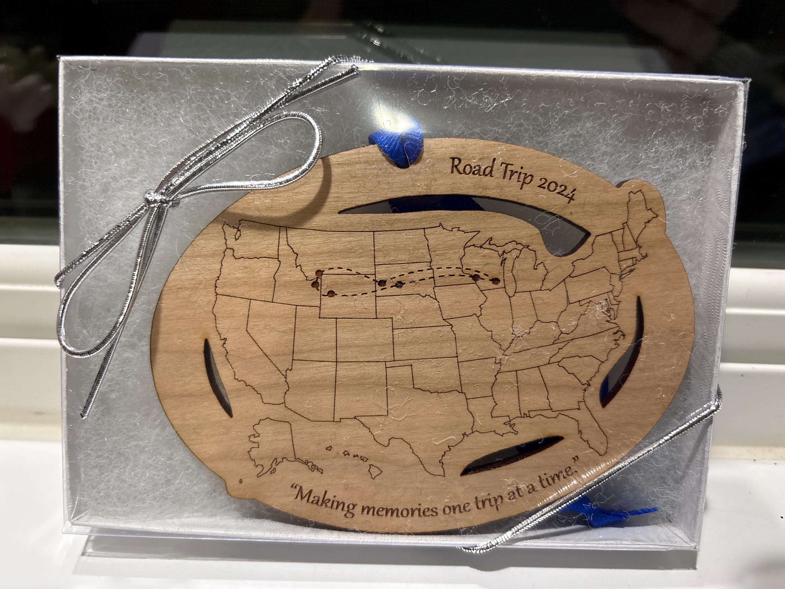 Custom Text and Cities US Map ornament, Road Trip Travel Ornament, long distance relationship, 50 state marathons