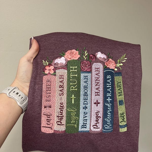 Bible Women Bookshelf Embroidery Design, Floral Scripture Names Pattern ...