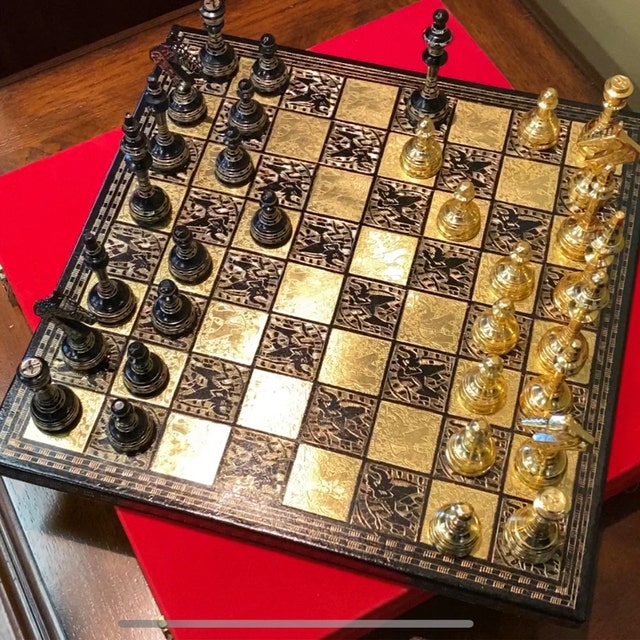Royal Chess Mall Soviet Inspired Handcarved Brass Luxury Chess Pieces &  Board Set | 14 Chess Board with 32 Chess Pieces Silver and Black | 12.3  lbs