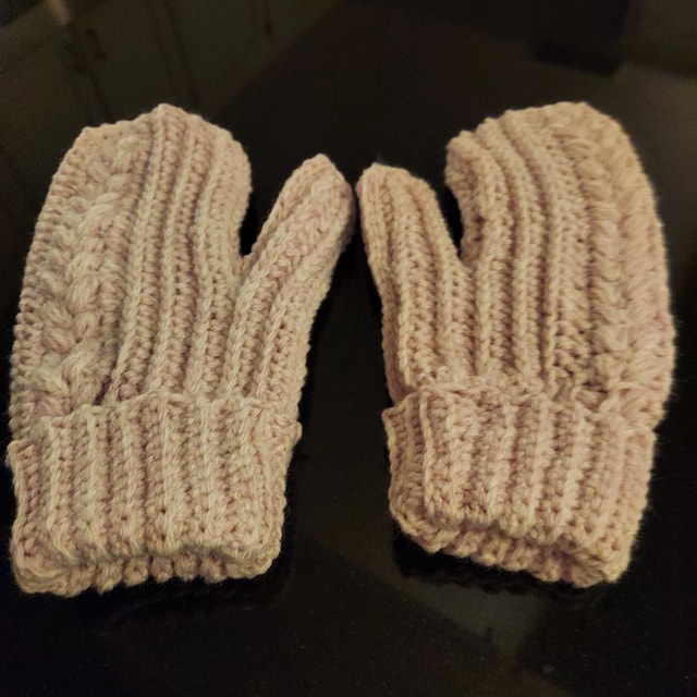 A customer's finished Crochet Cardigan, Mittens and Ear Warmer Pattern Bundle