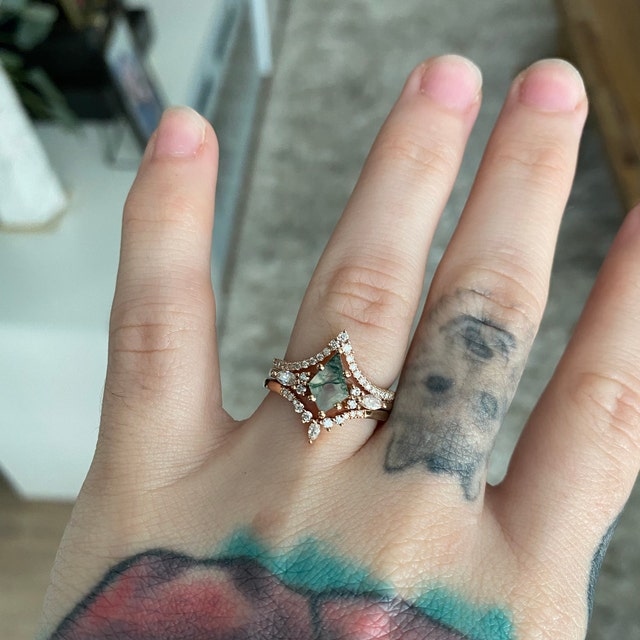 3pcs Kite Cut Moss Agate Engagement Ring Set 14k Rose Gold 3pcs Kite Cut Moss Agate Engagement Ring Set 14k Rose Gold