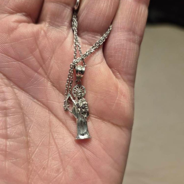 Sterling Silver .925 Santa Muerte (Holy Death) Oxidized Pendant Necklace - Handmade In USA, Awareness Theme