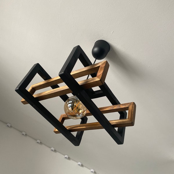 Lustre Suspension En Bois Flotté Noir - Fait Main En France, Ampoule E27, Salon