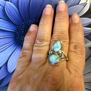 Two Stone Larimar Ring, Sterling Silver Ring for Women, Blue