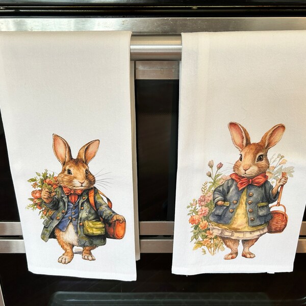 Bunny Tea Towel Set: Vintage Rabbit, Easter Kitchen Decor - Etsy