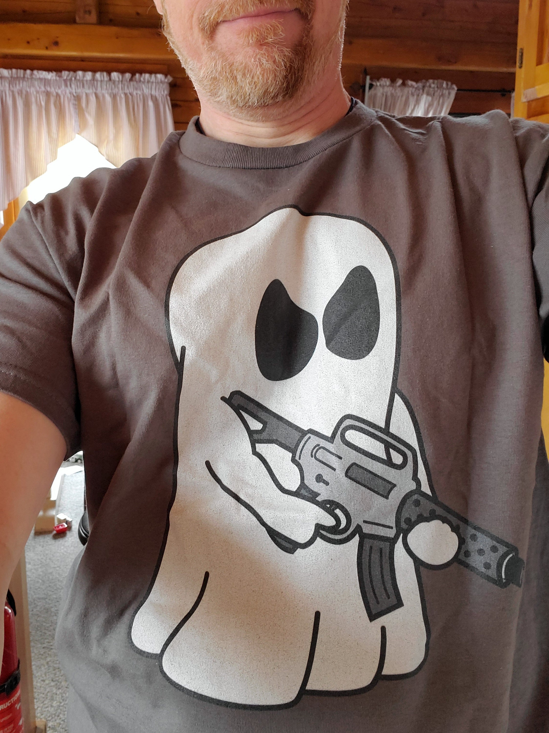 First day wearing it I got some hate. A woman gave me a brief lecture about people being freaked out by weapons. I told her everything should be "ghost" because it's none of the govt's business what personal property I own, keep, or carry.

I love things that challenge the cognitive dissonance of liberals.

I am VERY pleased with this tshirt! Thank you 😊