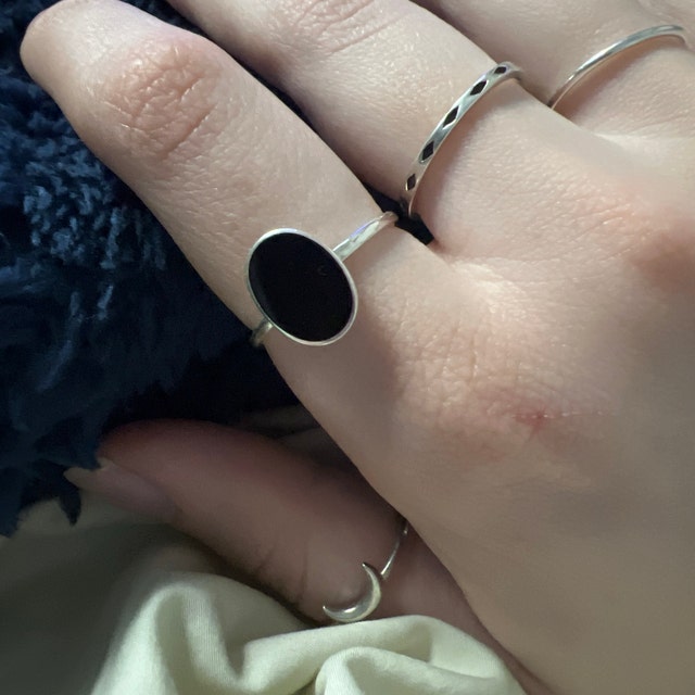 Oval Black Ring, Sterling Silver Ring, Ring With Flat Oval Oval Black Ring, Sterling Silver Ring, Ring With Flat Oval