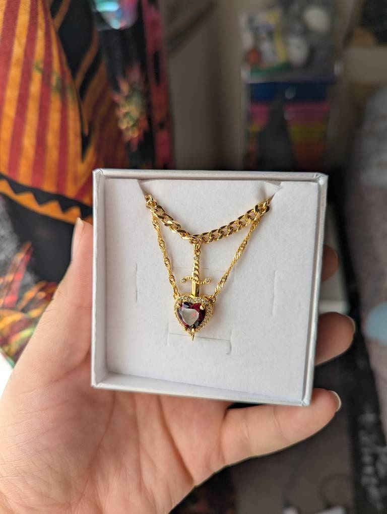 Heart and Sword Necklace - Couple Necklaces - Gold Plated