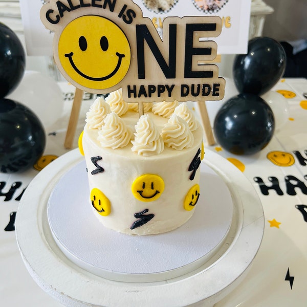 One Happy Dude Cake Topper First Birthday Custom Decor Happy Face First Iap 600x600.5691692612 Zqwtkwll