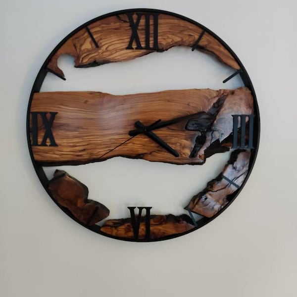 Handcrafted Olive Wood Wall Clock • Rustic Natural Metal Frame ...