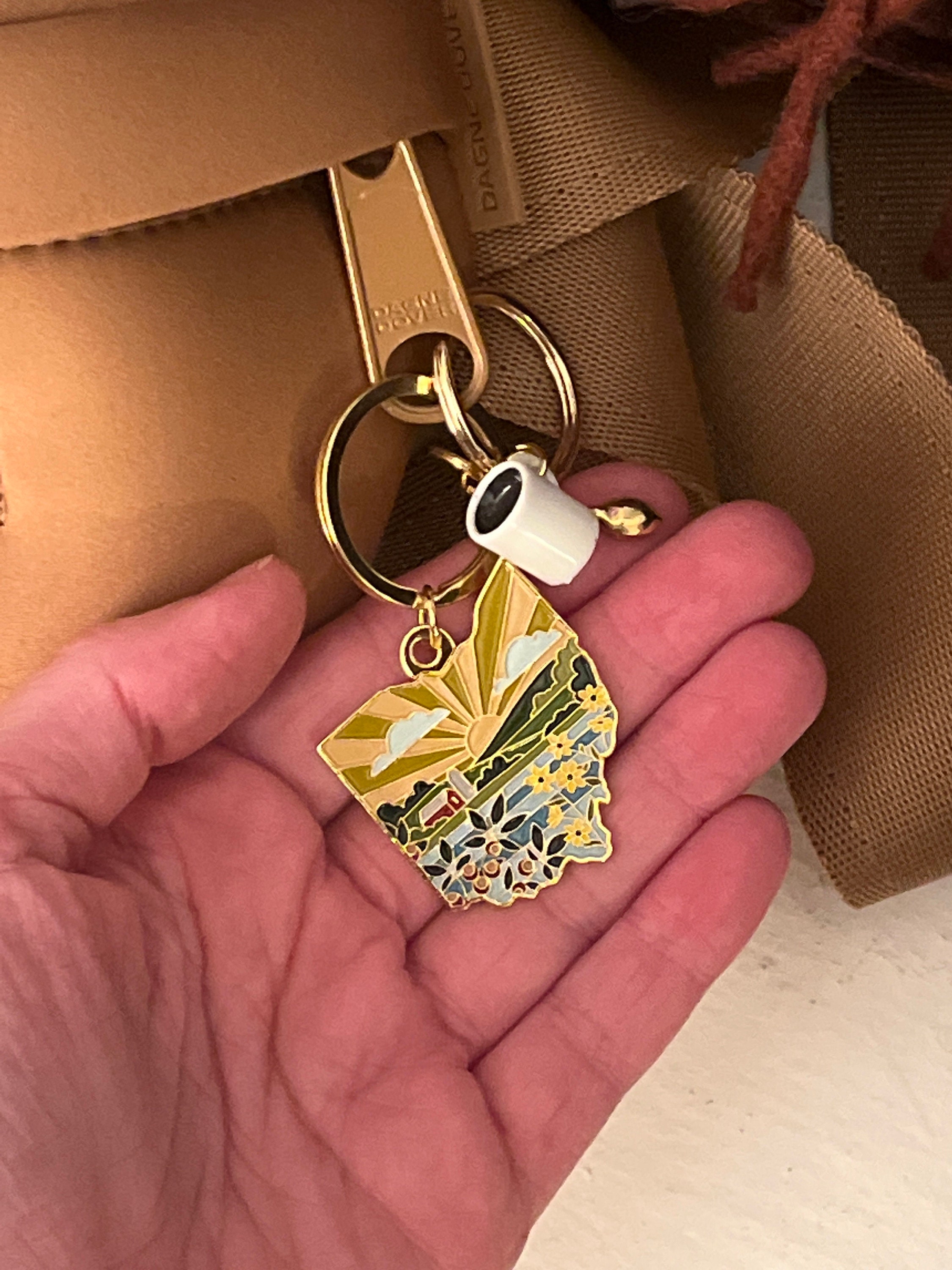 Ohio Gold Enamel Keychain | Ohio Outline Key Ring | Soft Enamel Illustrated State Keychain 1.5&quot;