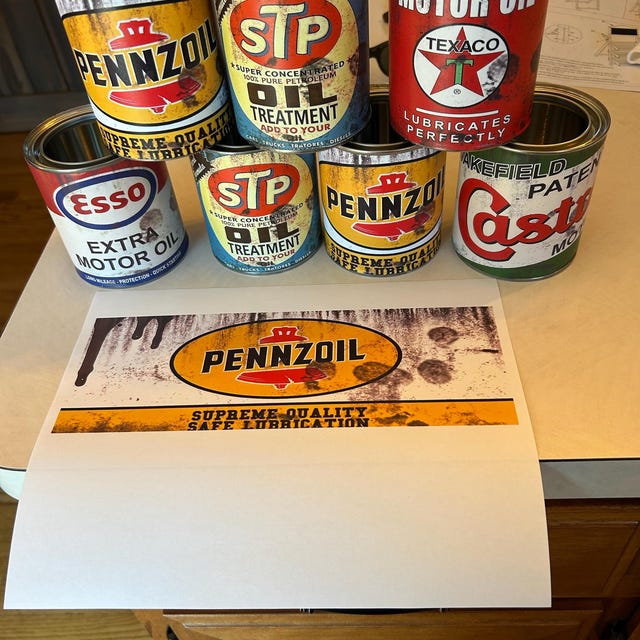 Vintage Motor Oil Can Label Prints: STP, Castrol, Esso, Texaco