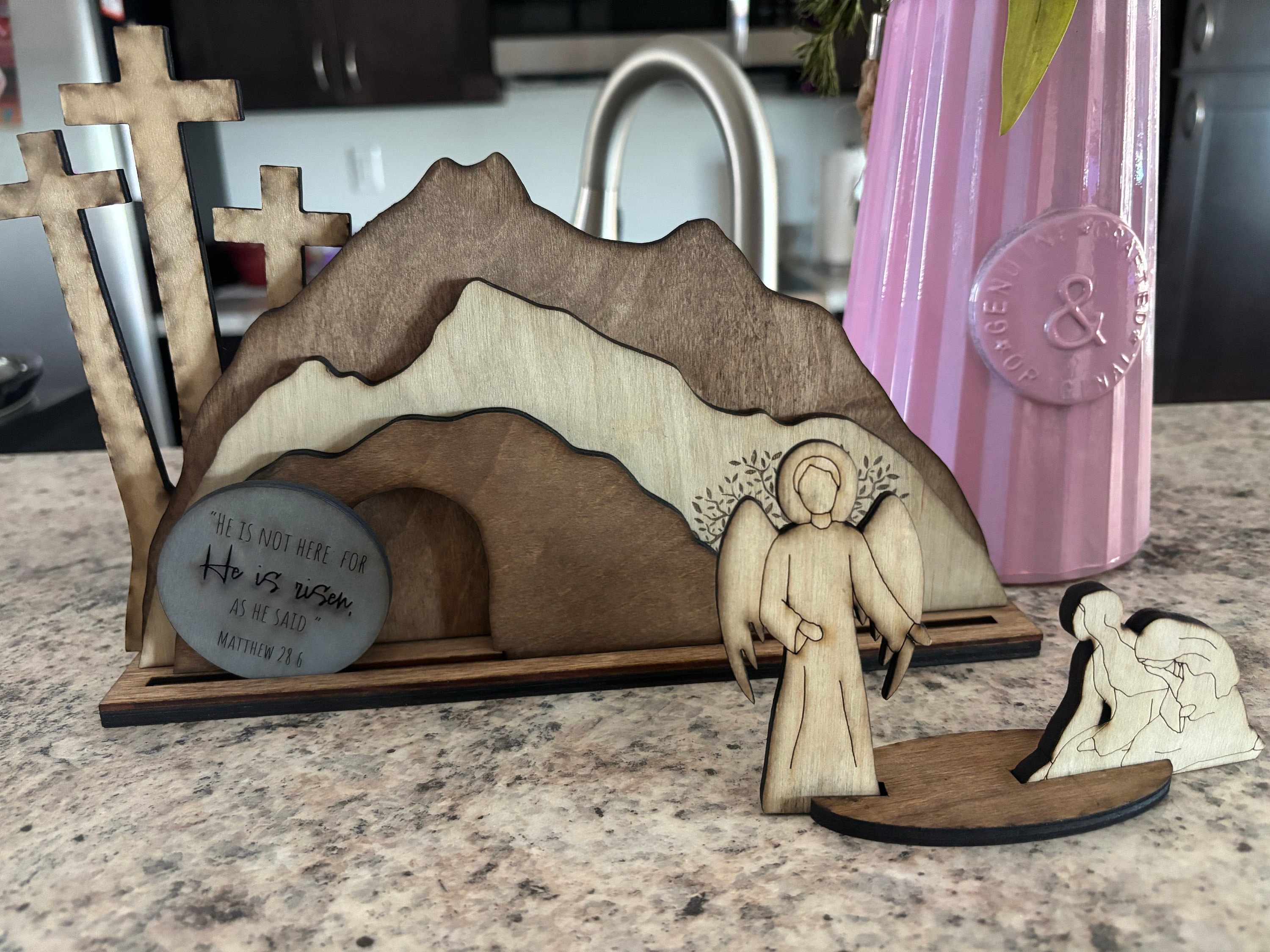 Empty Tomb &quot;He is Risen&quot; Decoration with Cross and Olive Tree, Religious, Christian, Easter Display, Easter Tomb, Laser Cut