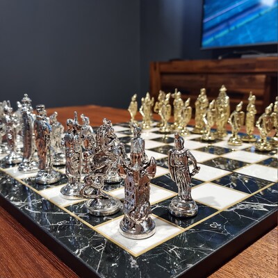 Marble / Mosaic / Walnut Pattern Chess Board and Metal Figures Chess ...