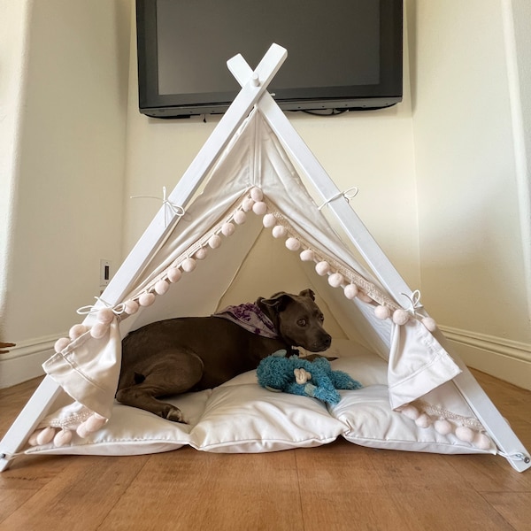 Black Dog Bed With Pompoms. Boho Chic Dog Teepee Tent. Bohemian French