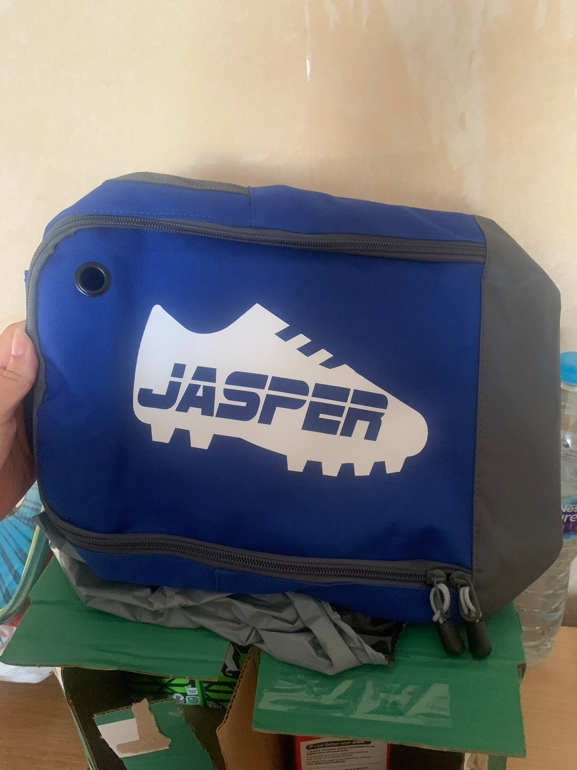 Personalized Football/Soccer/Rugby Boot/Shoe Bag /Sports Printed with boot design and name -  Perfect for School or Club use - MARL GREY