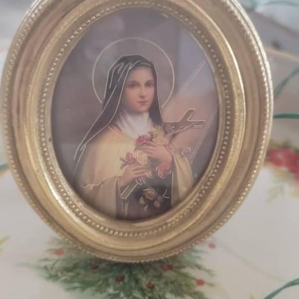 St Therese of Lisieux Catholic Print With Gold Leaf Oval Frame 3-1/2" X ...