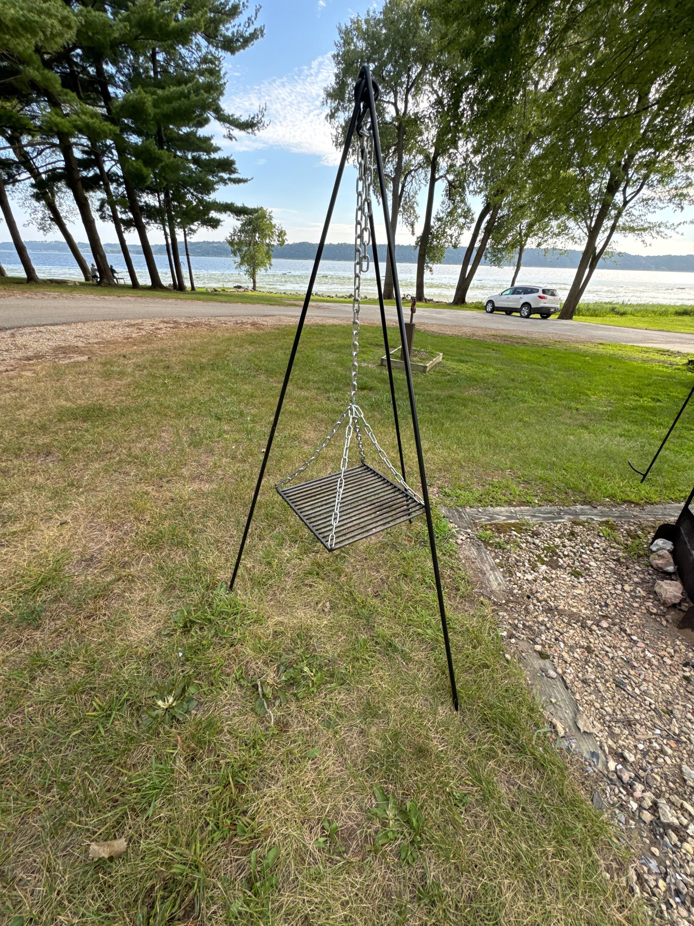 HAND FORGED  hanging GRILL campfire cooking heavy duty hanging for tripod
