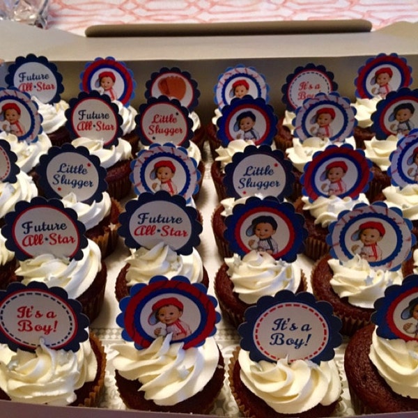 24pcs Baseball Baby Shower Cupcake Toppers - A Little Slugger Sports Theme Decorations For Oh Boy Party
