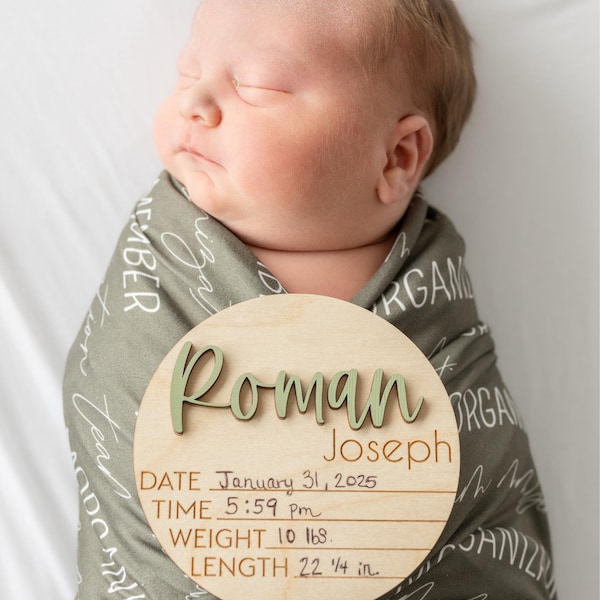 Baby Announcement Sign With Birth Stats | Matching Name Plate | Wood ...