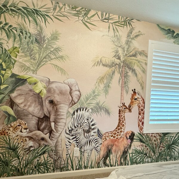 Kids Wallpaper Peel and Stick | Safari Animals With Baby Wall Mural - Etsy