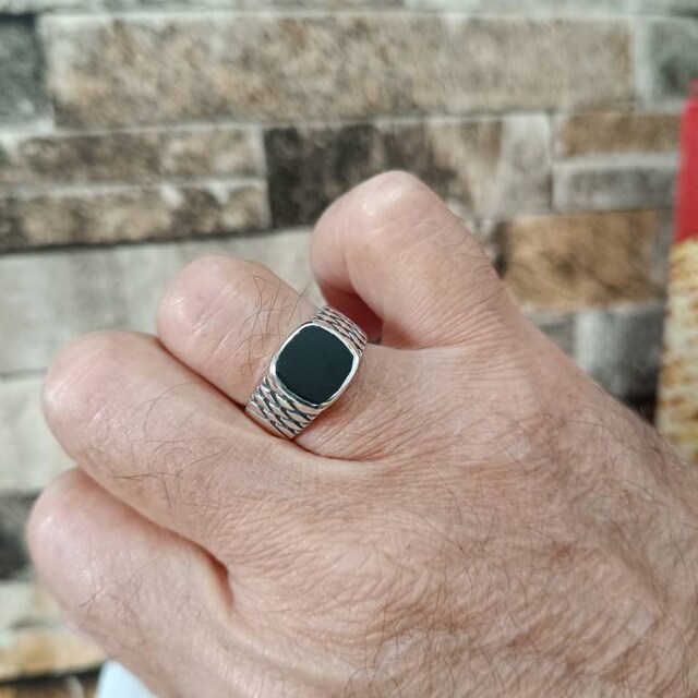 Oxidized Sterling Silver Onyx Signet Ring Men - Black Gemstone