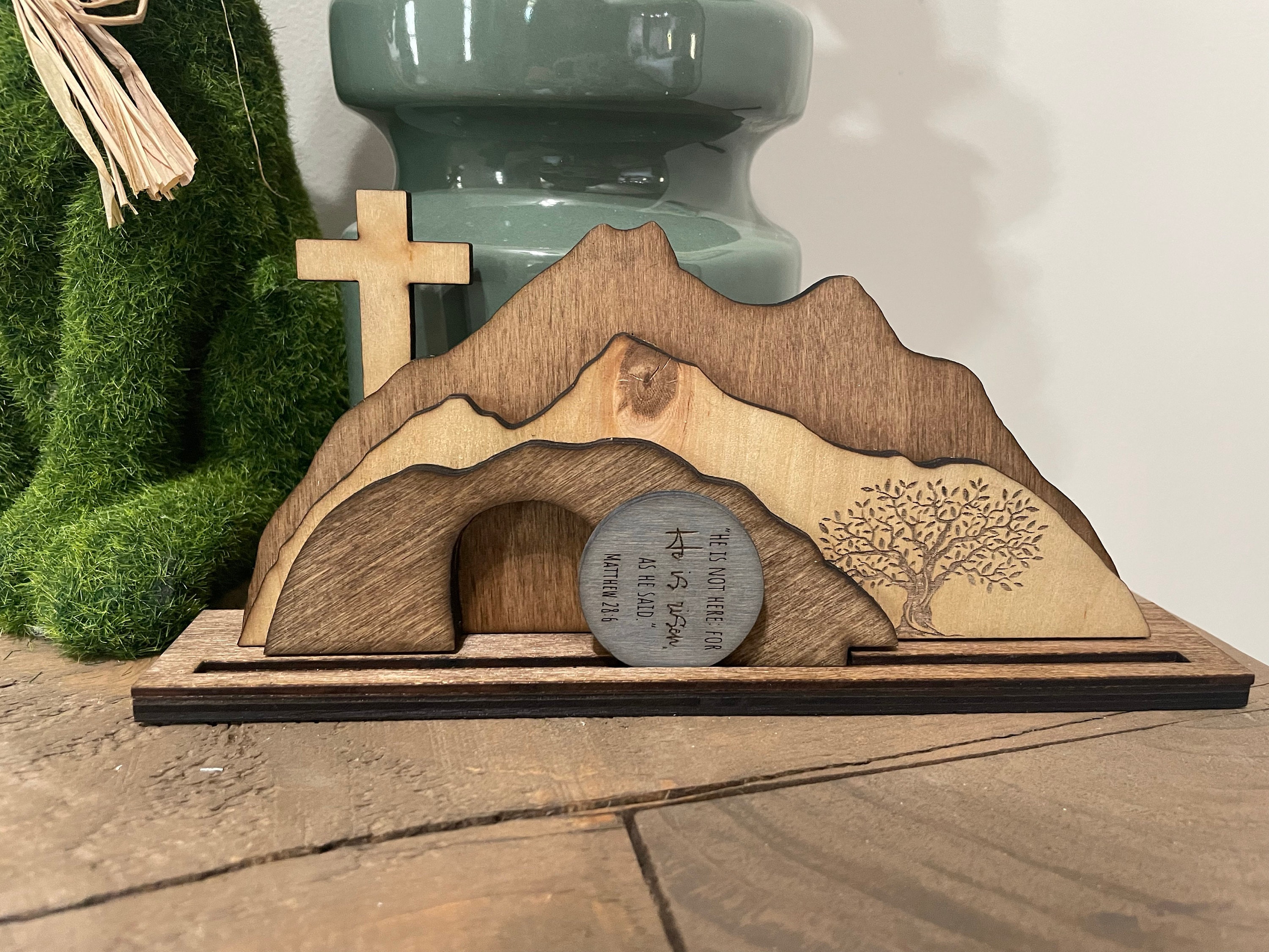 Empty Tomb &quot;He is Risen&quot; Decoration with Cross and Olive Tree, Religious, Christian, Easter Display, Easter Tomb, Laser Cut