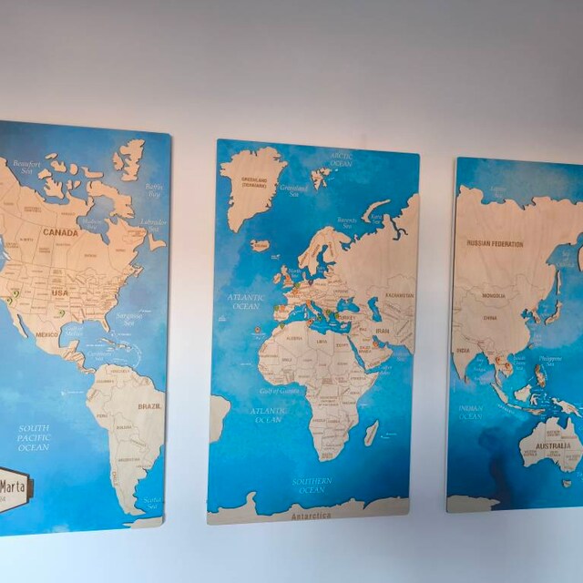 世界地図プッシュピンウォールアート、コルク世界地図ボード、木製世界