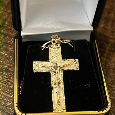 14K Solid Real Yellow Gold Religion Diamond Cut Jesus INRI Cross ...