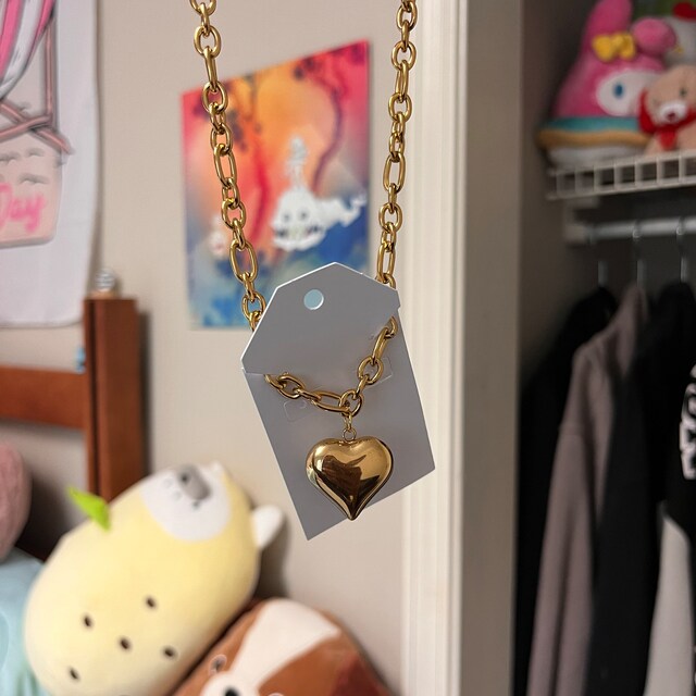 Gold Puffed Hollow Heart Pendant Necklace Chunky Jewelry