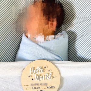 Panneau d'annonce de bébé, panneau en bois « Hello World », panneau de bienvenue pour nouveau-né, panneau d'annonce de naissance pour hôpital, fête prénatale, accessoire photo, décoration d'intérieur