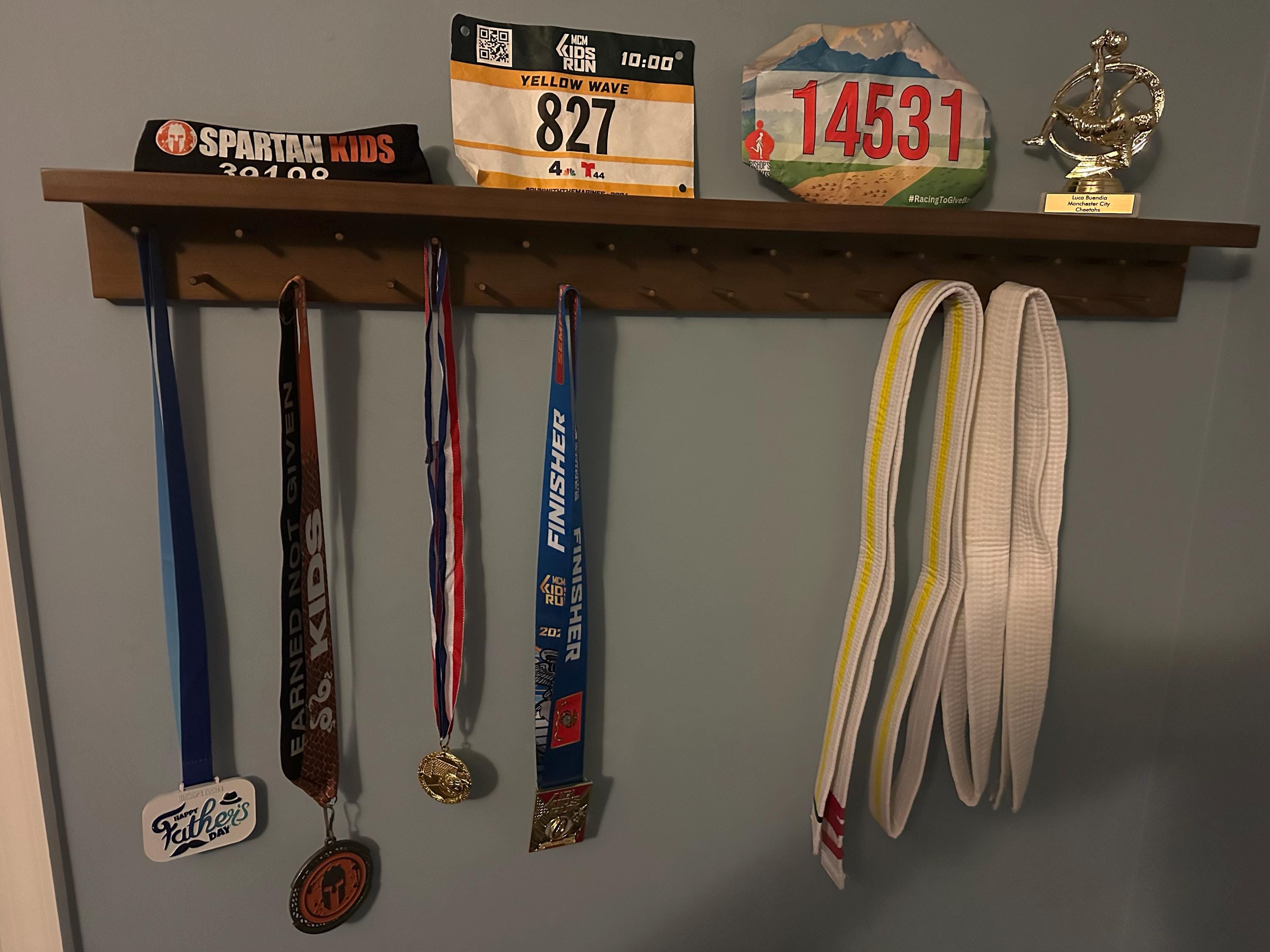 Medal Awards Rack Ultimate Medal Hanger Display and Trophy Shelf - Multi-Purpose Trophy and Medal Holder,  Solid Wood  and Patented Display