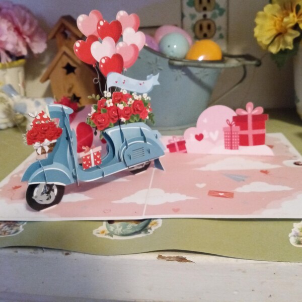 Romantic 3D Greeting Card: Vintage Vespa & Heart Balloons Design, With ...