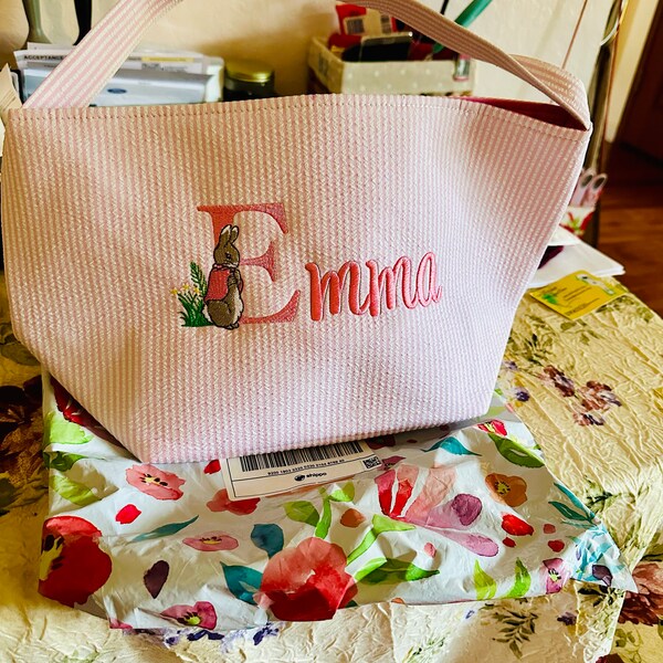 Seersucker Easter Basket Bucket Tote Bag - Medium, Personalized With Monogram (Blue) - View #8