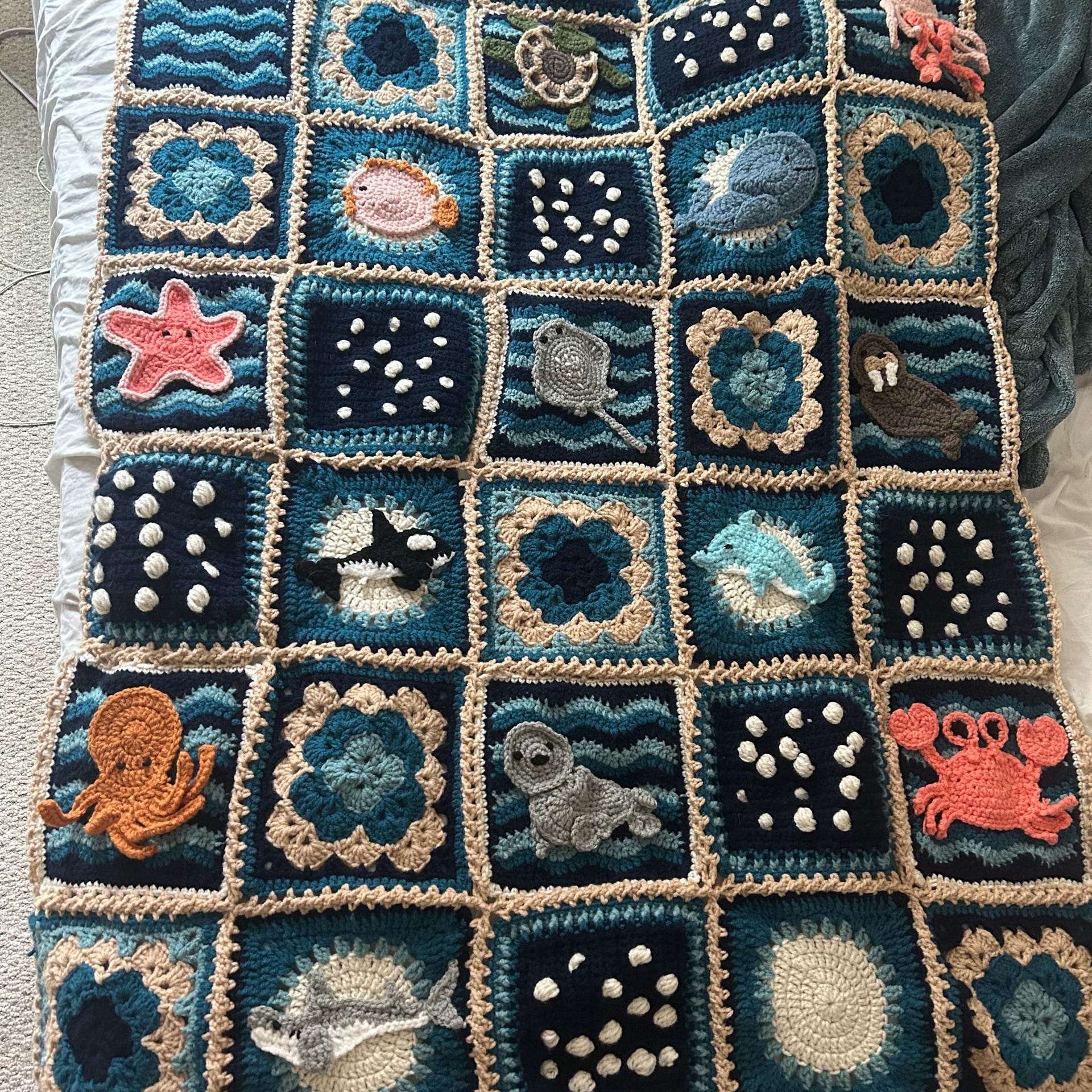 Twin-bed size Ocean Pals blanket made by Rachel