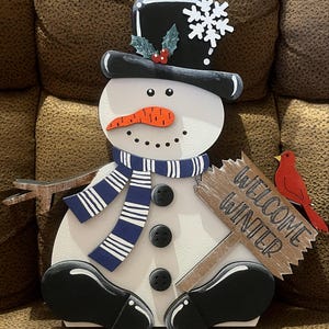 Welcome Winter Snowman | Hand Painted Shelf Sitter | Cozy Winter