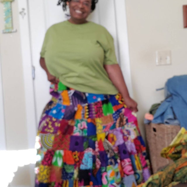 African Print Patchwork Multi Print Peasant Skirt With Drawstring