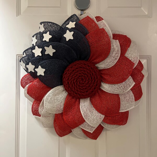Patriotic American Flag Fourth of July Flower Wreath - Etsy