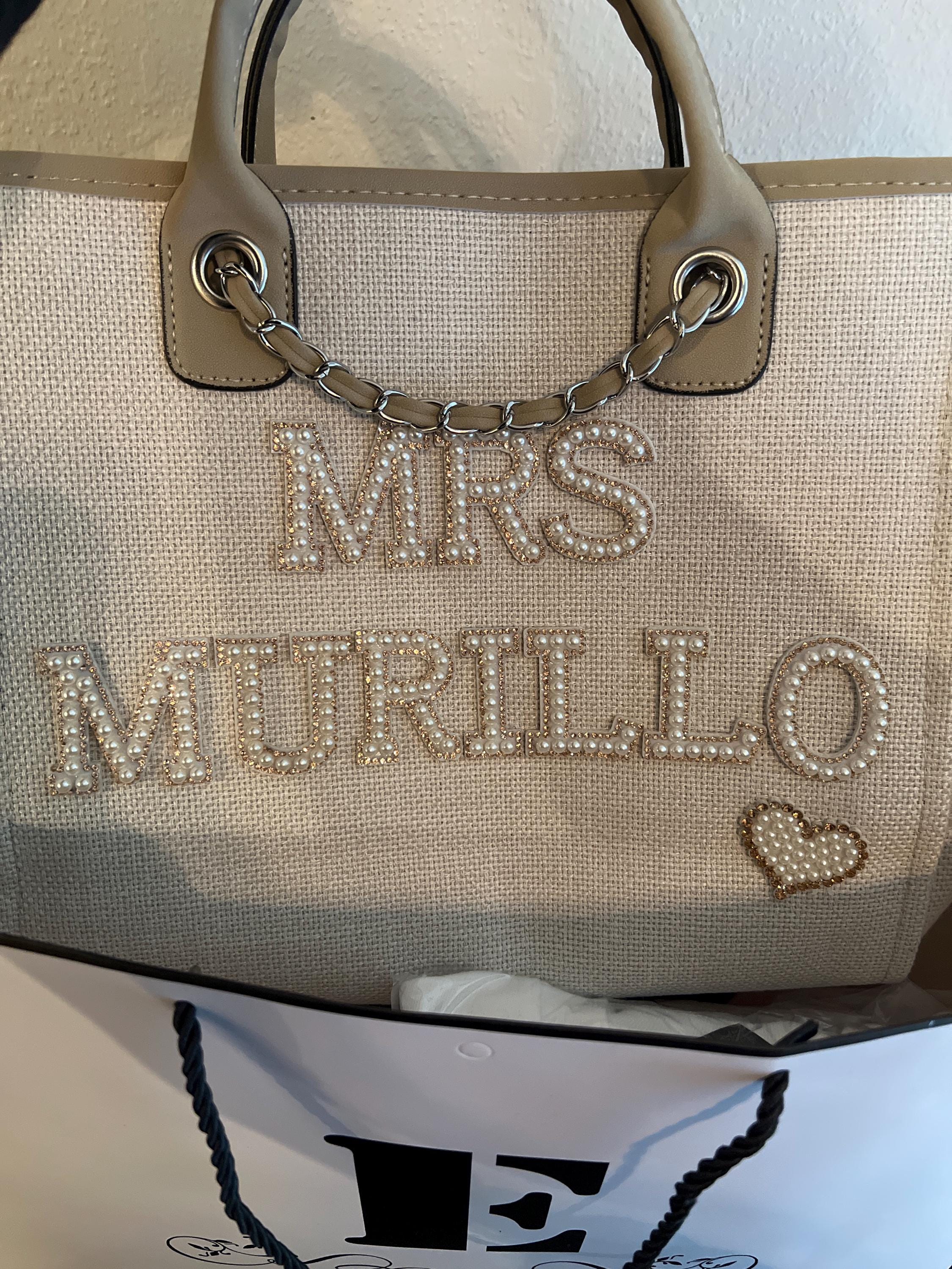 Bride Tote bag, Bridal Gift, Bachelorette bags, Honeymoon beach bag, Mrs Custom Bag, Customized Bride Bags, Bachelorette totes- chain,pearls