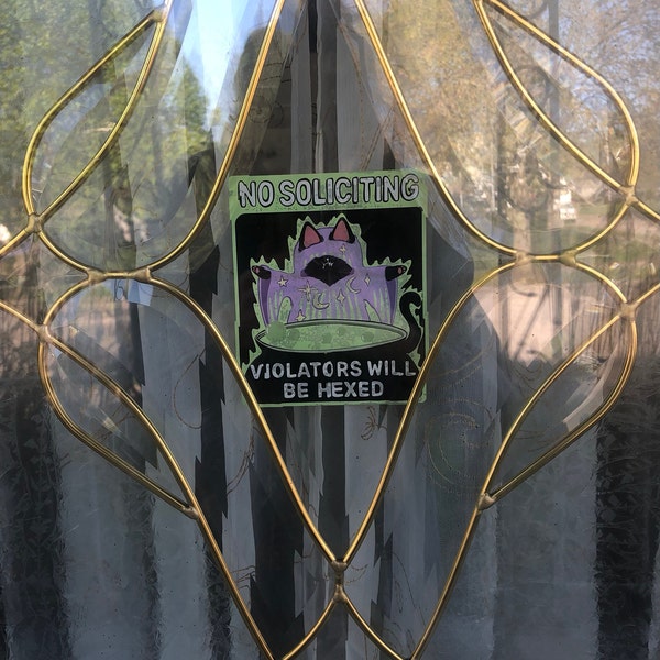 No Soliciting Witchy Cat Sign Window Cling Black Cat (violators Will Be ...