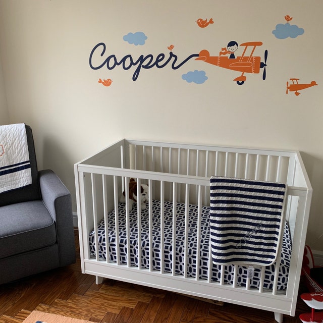 Airplane Boy Skywriter Name Nursery Fabric Wall Decal - Reusable