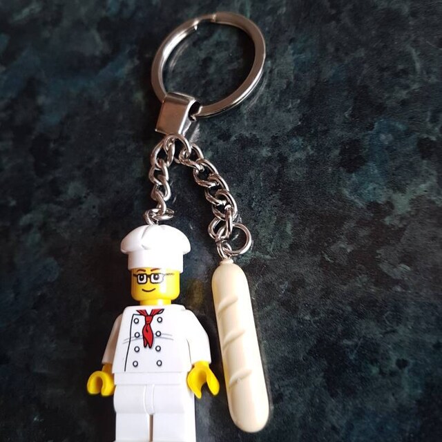Male Chef Minifigure with Bread Loaf Keychain Handmade made from LEGO Parts
