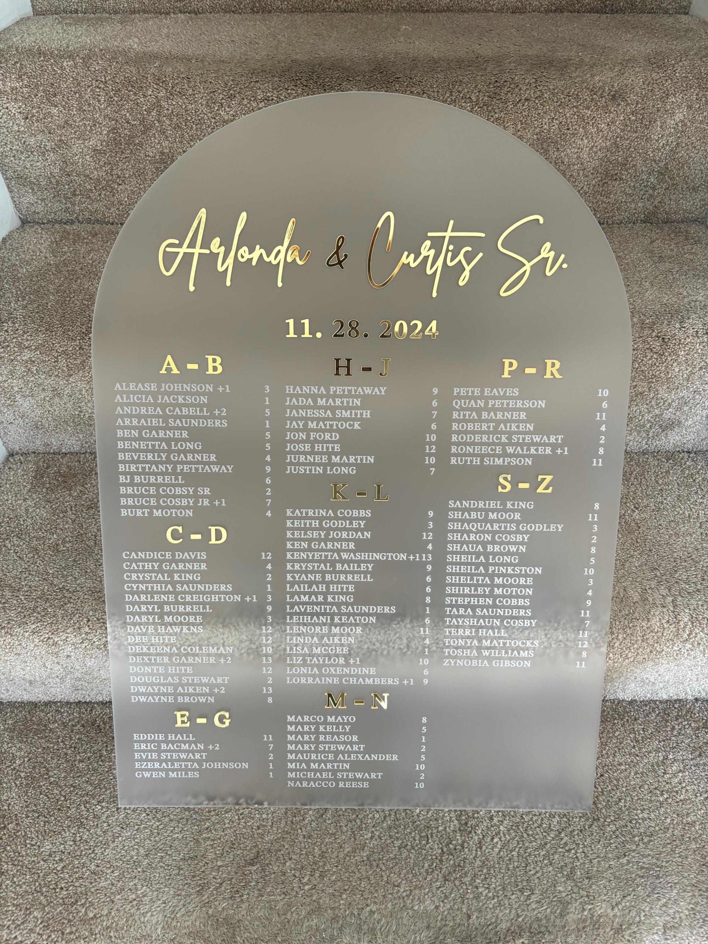 Sitzplan für die Hochzeit – Acryl-Sitzplan – Tisch-Sitzplan – Alphabetischer Sitzplan – Sitzplanschild
