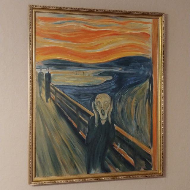 叫び - エドヴァルド・ムンクの手描き油絵複製、夕焼けの血の