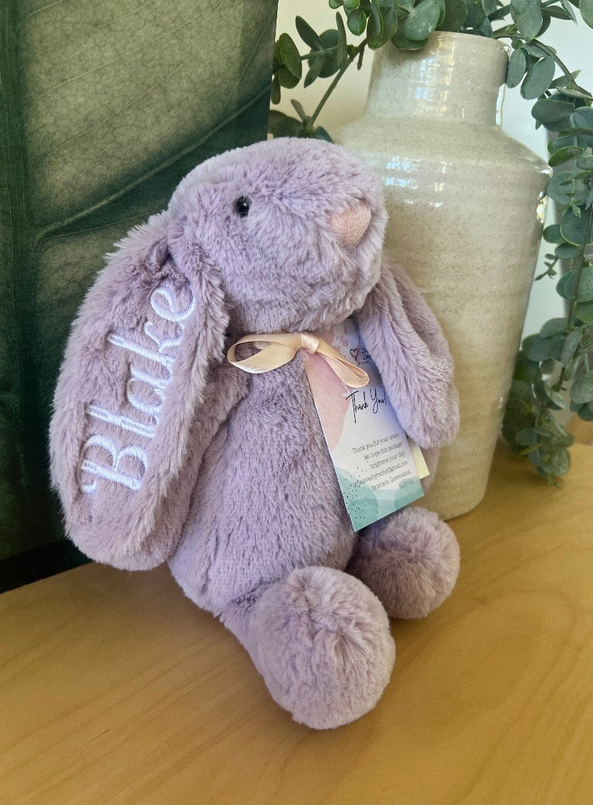 Personalised Plush Bunny Rabbits for children and babies. Floppy ear Rabbit for Easter or Birth. Customise text and colours. Embroidered ear
