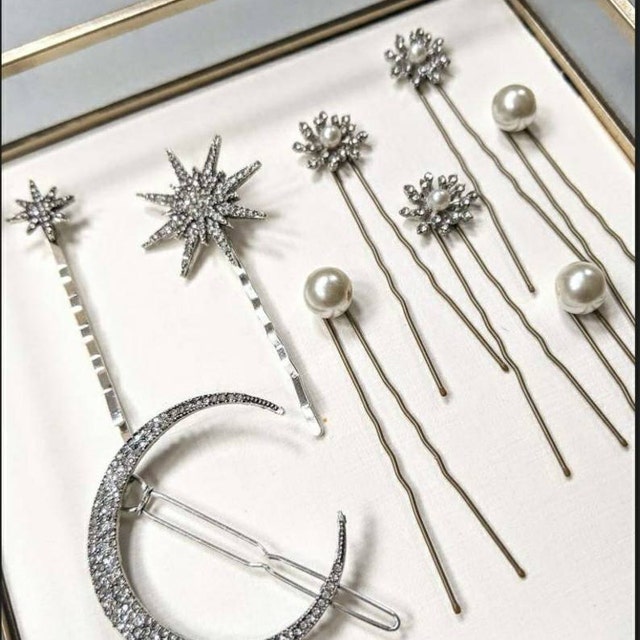 Silver Stars and Moon Hair Pin Set - Celestial Hair Pin Set  display picture 1