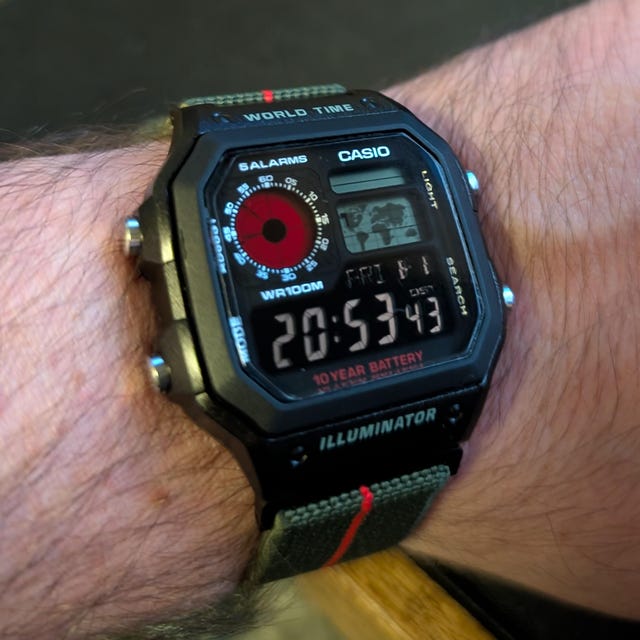 Custom Casio AE-1200 Watch: Colored LCD, Hydromod, Green Elastic