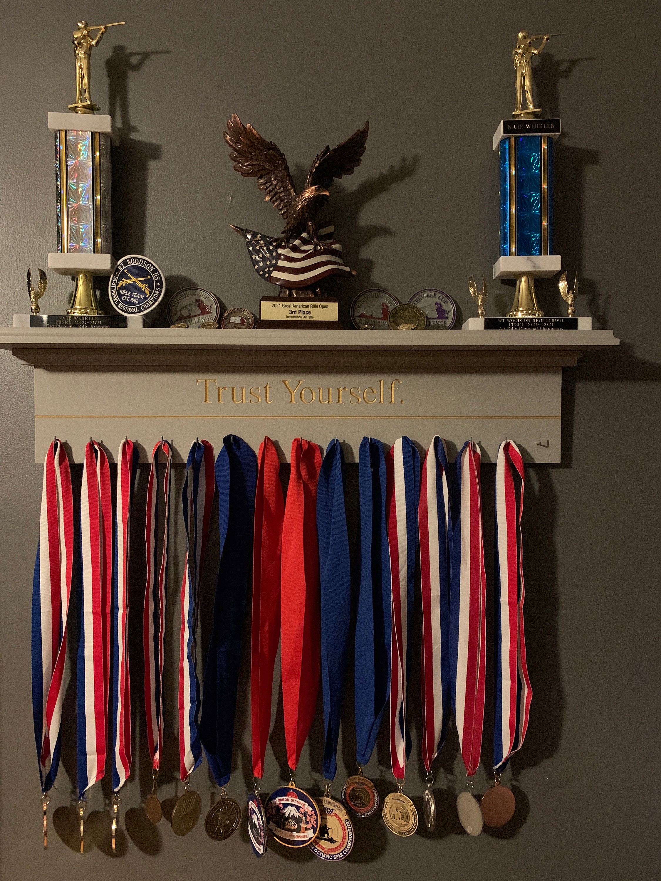 Medal Holder Champions Engraved Trophy Shelf Ribbon Holder Medal Hanger Award Display Personalized gift Trophy Rack Sports Award Display 30"